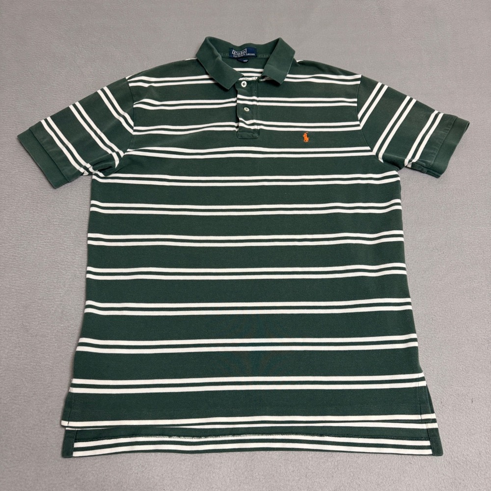 Polo Ralph Lauren Polo Shirt Mens L Green Striped Cotton Pique Preppy Golf